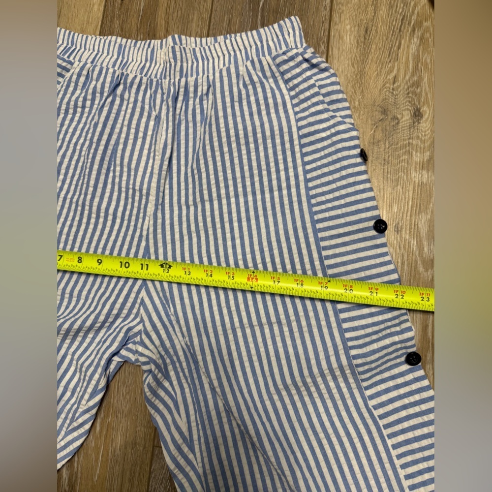 #12)  Striped Blue and White Pants with Button Accents - Picture 7 of 11